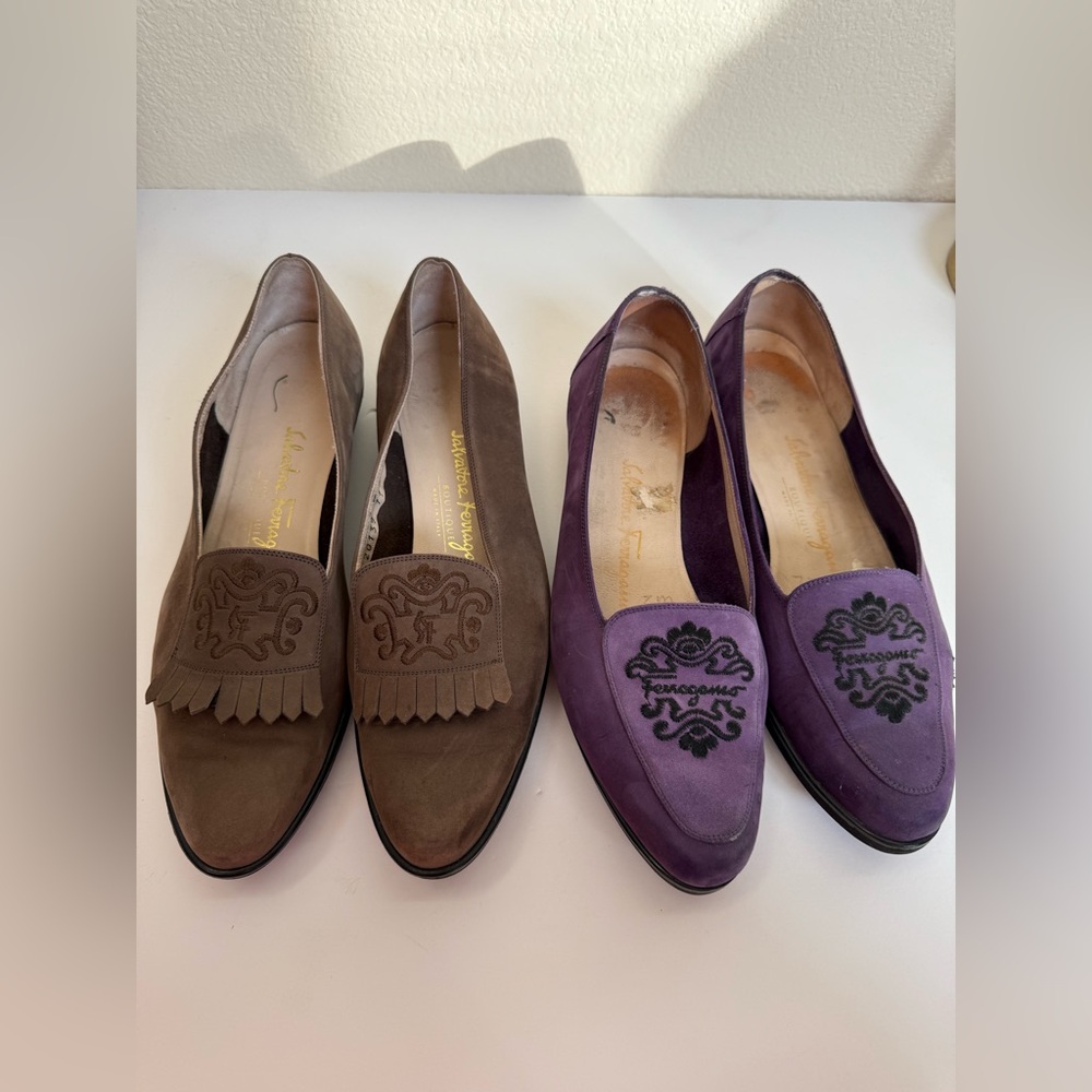 SALVATORE FERRAGAMO Boutique Suede Loafers Bundle Purple & Brown